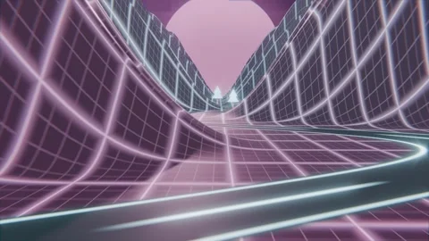 Advancing neon-grid canyon guiding curving dual-lane road toward pink sun with Stock-Footage 337505003