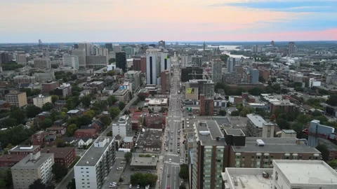 Advancing up Rideau Street Ottawa in the Evening from the Air 4k Stock Footage