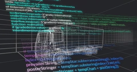 Advancing timeline causing 3D wireframe truck model floating, code overlay Stock Footage 317155660