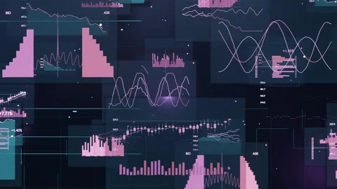 Advancing timeline driving data dashboard building across navy display, with Stock Footage 337505029