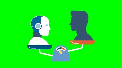 Advantage of artificial intelligence over man intelligence. Robot, man on scales Stock Footage 282290843