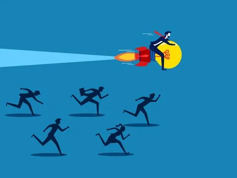 Advantage of creative thinking. Businessman flying with light bulb wins bus.. Stock Illustration
