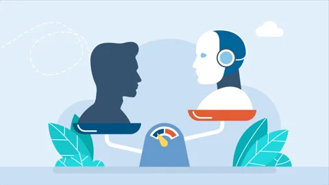 Advantage of human intelligence over AI. Robot and man on scales. 2d animation Stock Footage 256202685
