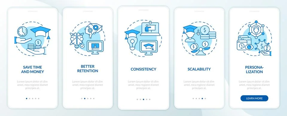 Advantages of elearning blue onboarding mobile app screen Stock Illustration
