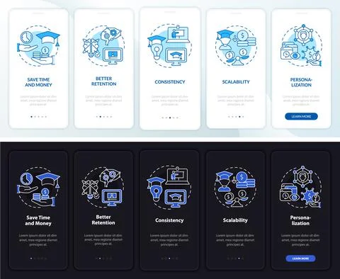 Advantages of elearning night and day mode onboarding mobile app screen 스톡 일러스트