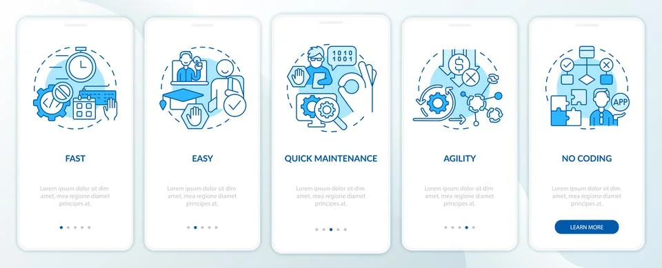Advantages of no code blue onboarding mobile app screen 스톡 일러스트