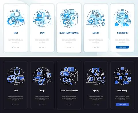 Advantages of no code night and day mode onboarding mobile app screen イラスト素材