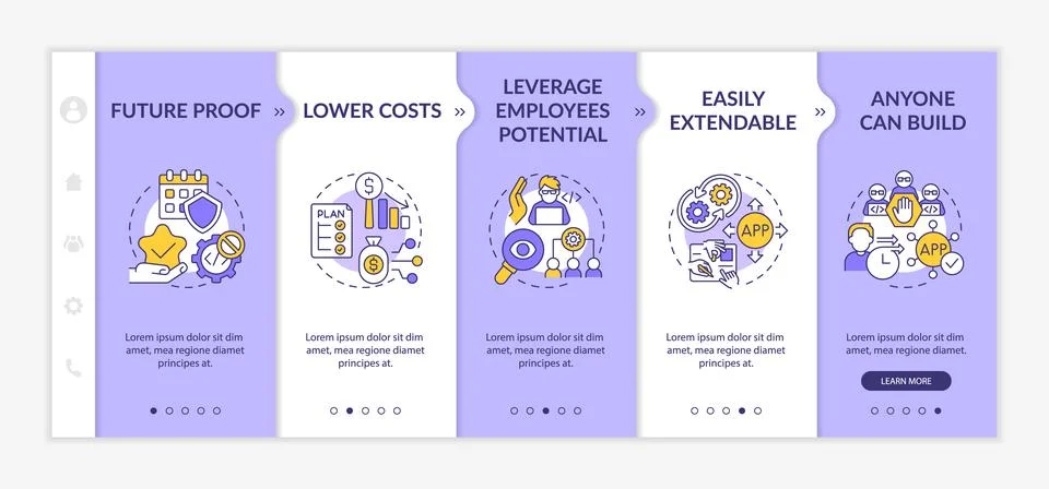 Advantages of no code purple and white onboarding template イラスト素材