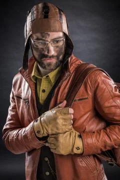Advanture bearded pilot Stock Photos