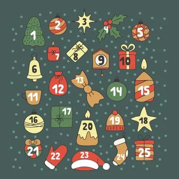 Advent calendar with Christmas elements, countdown numbers before Christmas Stock Illustration