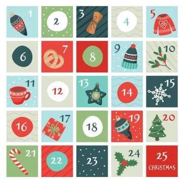 Advent calendar with christmas elements. Vector illustration in flat style Stock Illustration