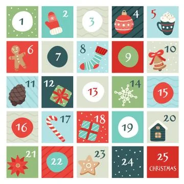 Advent calendar with christmas elements. Vector illustration in flat style Illustration