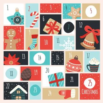 Advent calendar with christmas elements. Vector illustration in flat style Illustrazione stock