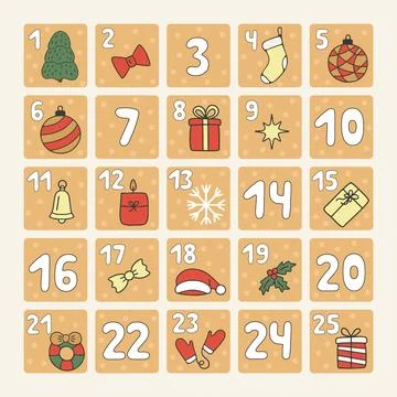Advent calendar, countdown numbers before Christmas holiday. Winter holiday Stock Illustration