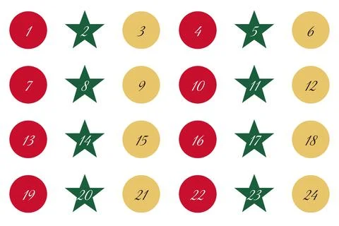 Advent calendar numbers 1 to 24 set, red and green badges Stock Illustration