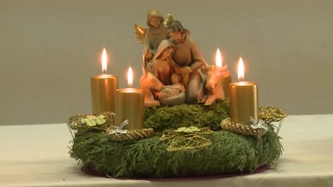 Advent wreath with lit candles Stock Footage 145288382