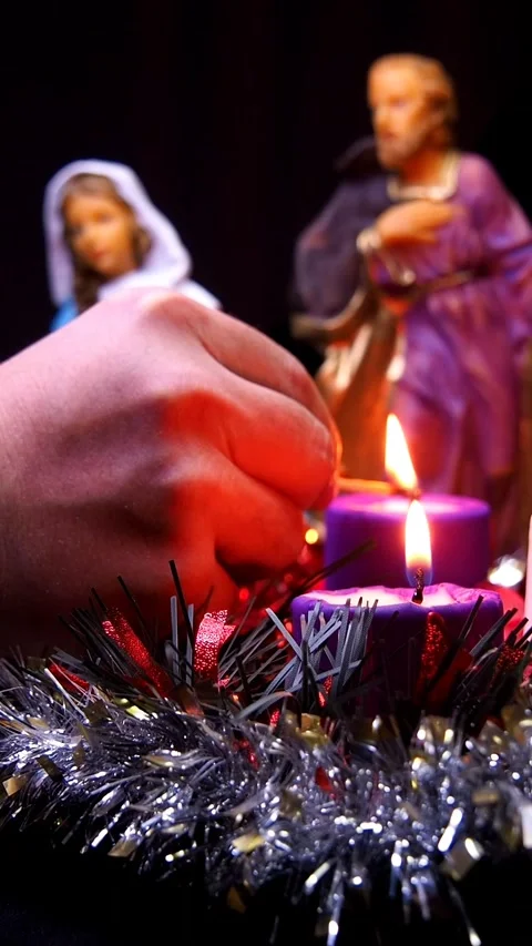 Advent wreath next to nativity scene with holy family Stock Footage 341691964