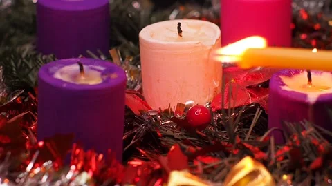 Advent wreath next to nativity scene with holy family Stock Footage 341691966