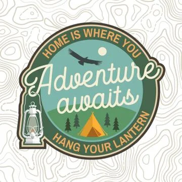 Adventure awaits patch. Vector. Concept for badge, shirt or logo, print, stamp Stockillustratie