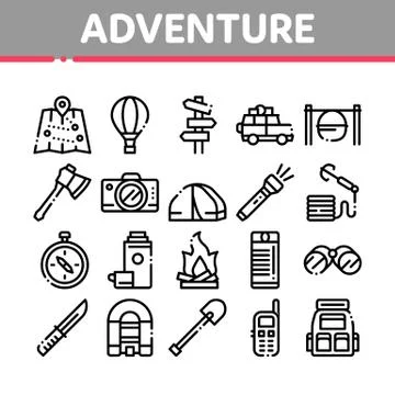 Adventure Collection Elements Icons Set Vector Stock Illustration