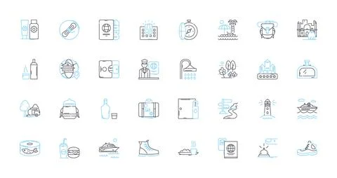 Adventure excursion linear icons set. Expedition, Trek, Safari, Journey, Odyssey Stock Illustration