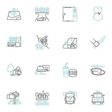 Adventure excursion linear icons set. Expedition, Trek, Safari, Journey, Odyssey Stock Illustration