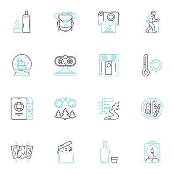 Adventure excursions linear icons set. Trekking, Kayaking, Mountaineering, Zip Stock Illustration