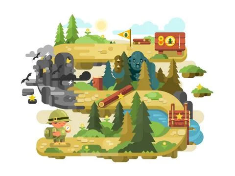 Adventure on a forest trail flat design Stock Illustration