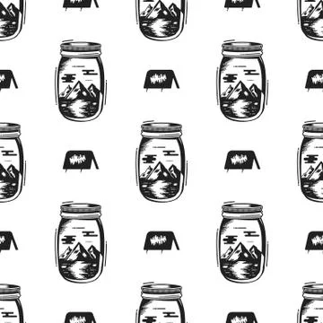 Adventure Jar Bottle seamless pattern with tent symbol, mountain elements Stock Illustration