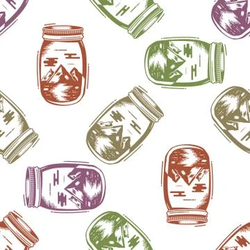 Adventure Jar Bottle seamless pattern with mountains symbols inside. Vintage Stockillustratie