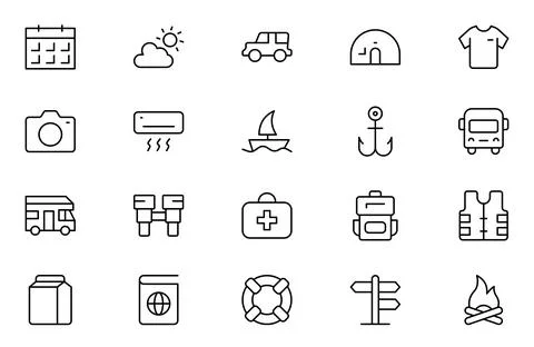Adventure line icon set. Containing hike, campfire, snorkeling, climbing, t.. Stock Illustration