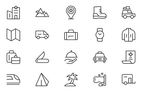 Adventure line icon set. Containing hike, campfire, snorkeling, climbing, t.. Stock Illustration