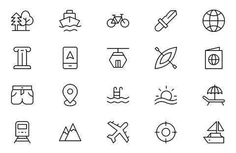 Adventure line icon set. Containing hike, campfire, snorkeling, climbing, t.. Stock Illustration