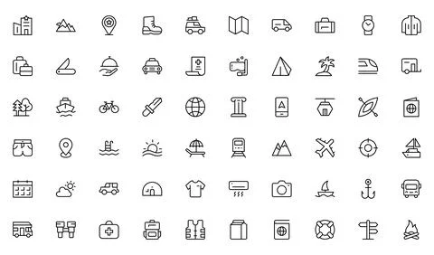 Adventure line icon set. Containing hike, campfire, snorkeling, climbing, t.. Stock Illustration