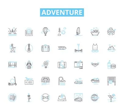 Adventure linear icons set. Exploration, Danger, Excitement, Thrill, Risk Stock Illustration