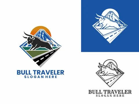 Adventure logo design vector. Mountain, Road, Sun, Ricefield, and Bull vect.. Stock Illustration