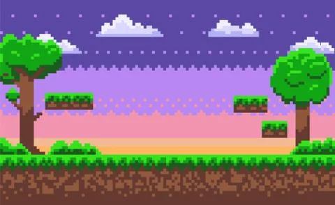 Adventure Map, Pixel Game, Green Nature Vector 스톡 일러스트