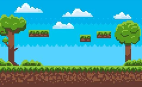 Adventure Map, Pixel Game, Green Nature Vector Stock Illustration