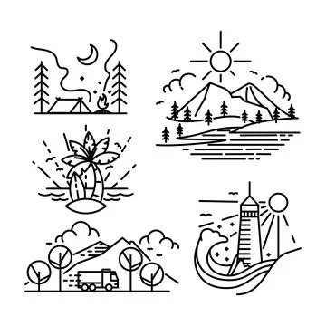Adventure monoline vector set Stock Illustration