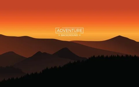 Adventure mountains sunset background with red light reflection. Stock Illustration
