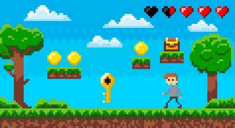 Adventure pixel game interface design layout. Videogame character collects coins 스톡 일러스트