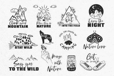 Adventure quotes bundle, hand mountain, camping, outdoors, nature Stock Illustration