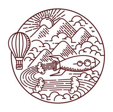 Adventure with rocket vector line illustration hand drawn Illustrazione stock