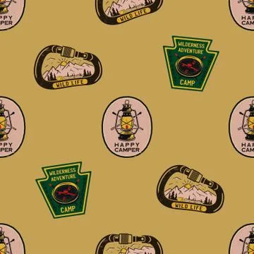 Adventure seamless pattern with camping labels badges. Happy camper text. Travel Stock-Illustration