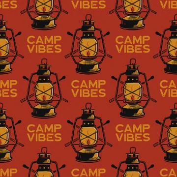 Adventure seamless pattern with camping lantern labels badges. Camp vibes text イラスト素材