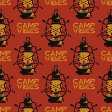 Adventure seamless pattern with camping lantern labels badges. Camp vibes text Stock Illustration