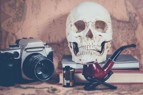 Adventure skulls Reading camera map Stock Photos