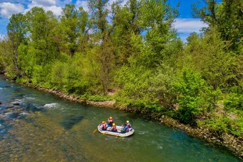 Adventure team doing rafting on the cold waters of the Nestos River Stock Photos