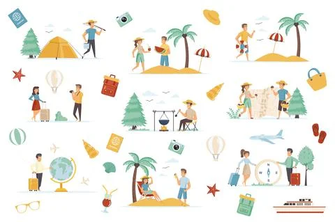 Adventure tourism bundle of flat scenes. Stock Illustration