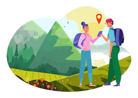 Adventure trip concept, vector illustration, flat couple man woman character Ilustración de archivo